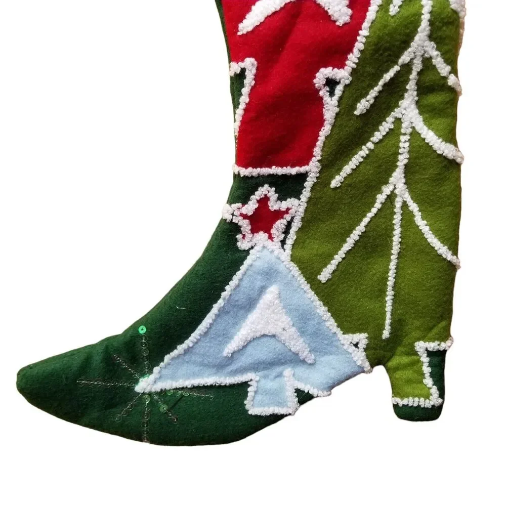 Pier 1 Imports Christmas Stocking High Heel Shoe 22” x 9” Feather Trim Sequins